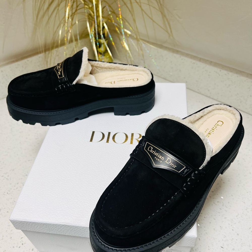 Dior Black Suede Shearling-Lined Loafer Mules